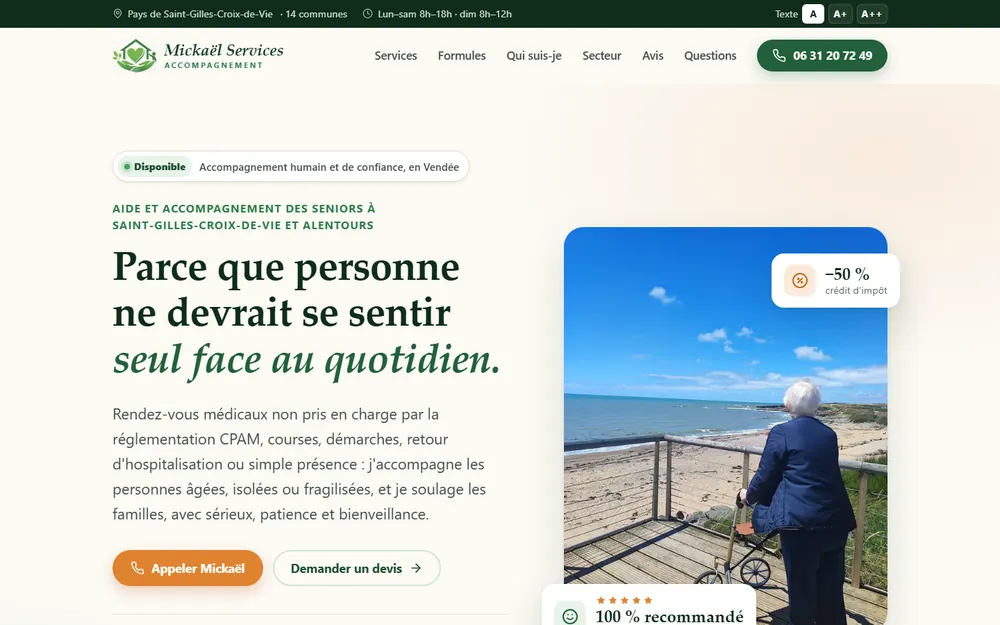Page d'accueil du site Mickaël Services Accompagnement, aide aux seniors au Pays de Saint-Gilles-Croix-de-Vie